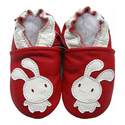 Chaussons cuir souple Carozoo - Bunny fond rouge