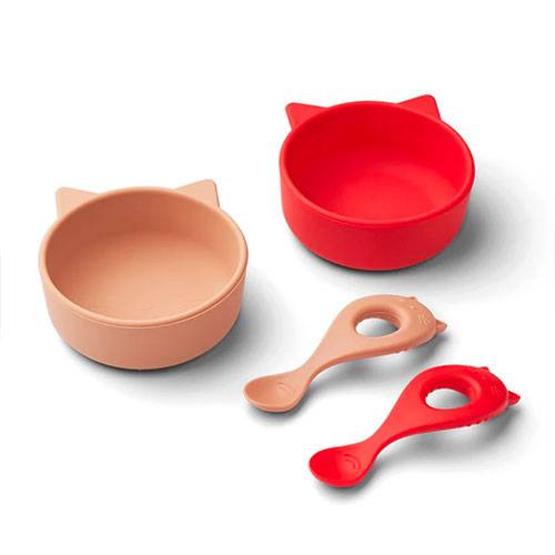 Set repas pour bébé en silicone Evan Liewood - Chat rose et rouge
