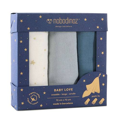 3 petits langes en coton bio Baby love Nobodinoz - Blue
