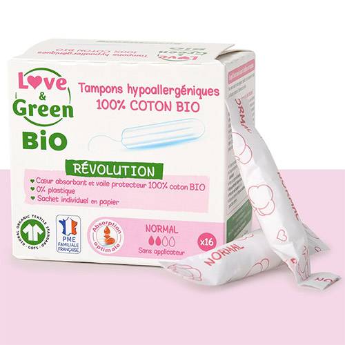 Tampons en coton bio sans applicateur Love & green - Flux normal
