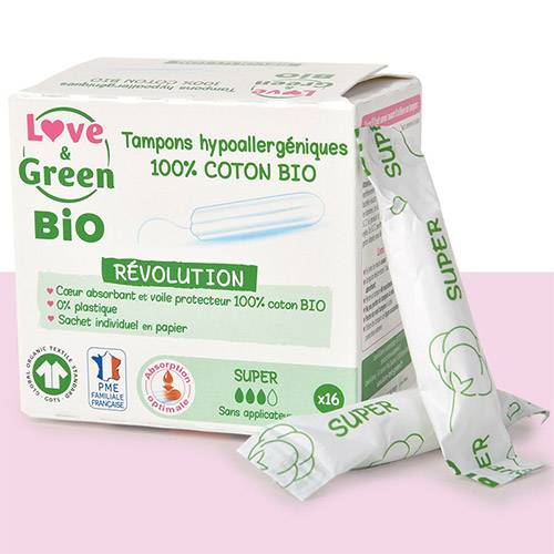Tampons en coton bio sans applicateur Love & green - Flux important